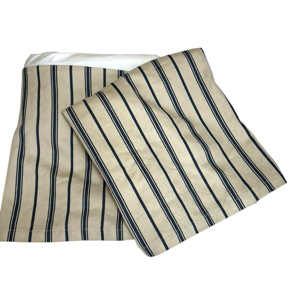 Pottery Barn Navy Blue Tan Stripe Cotton Twin Bedskirt Set 16" Drop Timeless - Picture 2 of 7